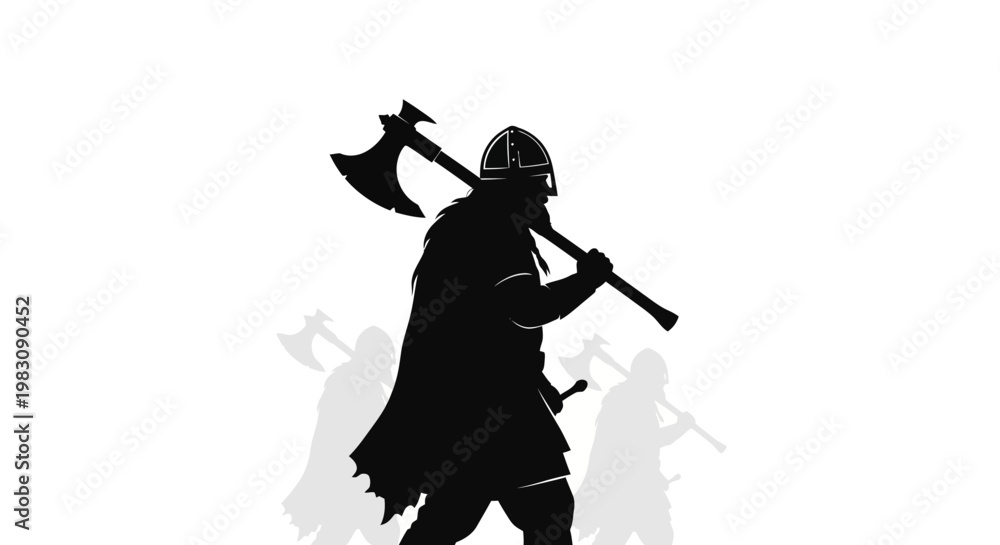 Naklejka premium Viking Warrior Silhouette with Axes, Medieval Warrior Group, Historical Battle Concept
