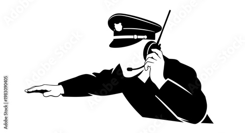 Traffic controller directing traffic with hand signal and radio communication