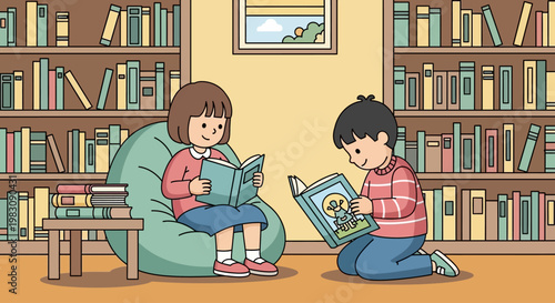Children enjoy reading books in a cozy library setting.