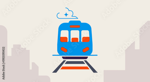 Stylized blue train on tracks with city skyline backdrop