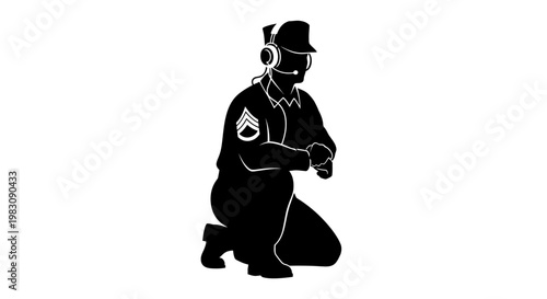 US Marine Corps Sergeant with headset, kneeling, focused on duty, military communication, tactical operations