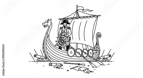 Viking Ship with Admiral, Cannons, and Naval Battle Scene Line Art