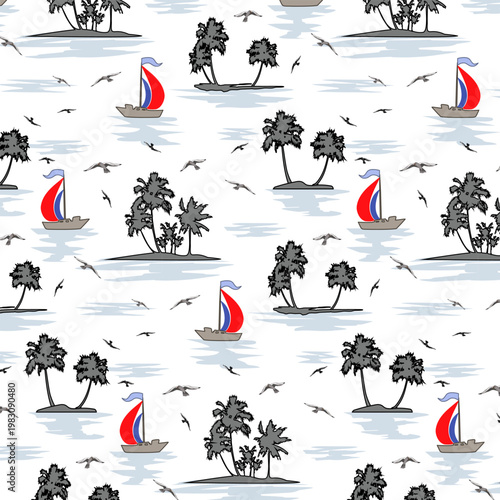 Sailboats on the water among tropical islands.Vector seamless pattern with sailing boats and islands with palm trees on a white background.