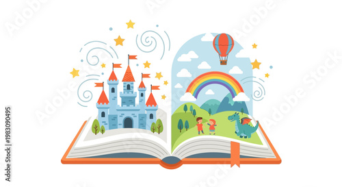 A whimsical open book revealing a magical fairy tale world with a castle, dragon, and children.