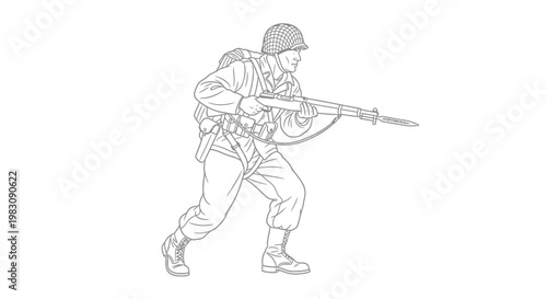 WWII Soldier Running with Rifle, Vintage Military Illustration
