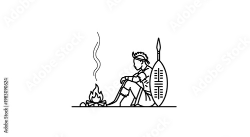 Zulu Warrior Sitting by Campfire with Shield and Spear, Traditional African Culture