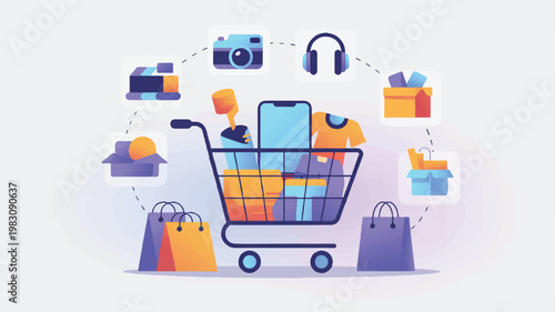 Shopping cart with various products and icons around it for online shopping concept