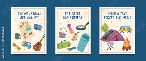 Set of camping posters with travel objects3. Vector flat collection of cards. The concept of travel, camping, hiking and outdoor recreation.