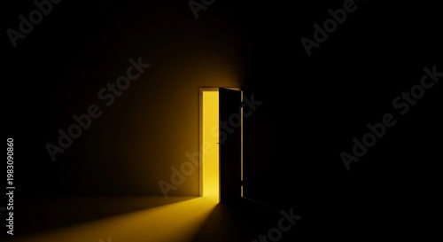 dimly lit room with open door and yellow light