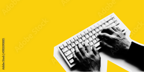 Canvastavla Collage poster with halftone texture, computer keyboard and typing hands, digital work and technology concept
