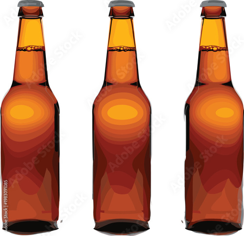 Brown Glass Beer Bottles Set with Realistic Beverage Containers for Brewery Branding, Drink Packaging, Bar Menu Design, and Alcohol Product Illustration