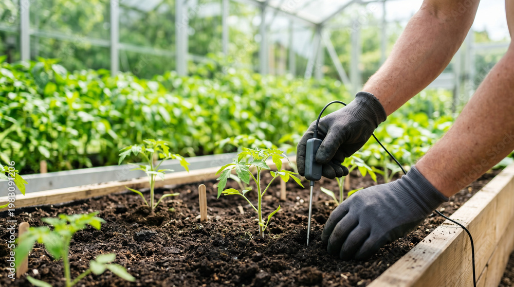 Fototapeta premium Hands installing soil sensor in greenhouse for smart farming