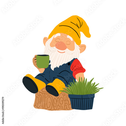 A cute garden gnome sits on a tree stump, holding a cup. A fun gardener character perfect for spring gardening, children's illustrations, stickers, and nursery decor. Vector illustration