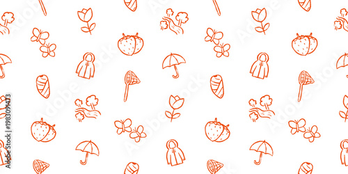 Seamless Spring Garden Pattern Hand Drawn Doodles of Tulips, Strawberries, Umbrellas, Butterflies and Flowers for Kids Design