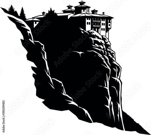 Cliffside building perched atop steep rocky mountain terrain illustration