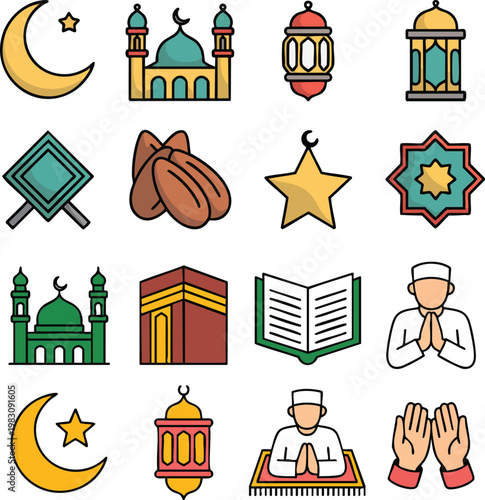 Islamic Ramadan Kareem and Eid Mubarak Icon Set Vector