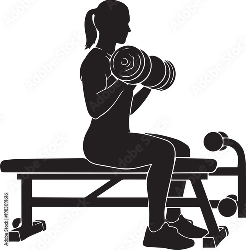 Silhouette of a woman performing seated dumbbell bicep curls on a weight bench, a classic exercise for building arm muscle and upper body strength