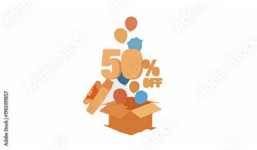 50 Percent Off Gift Box 3D Sale Banner Balloons Confetti Vector