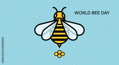 World Bee Day illustration with stylized honey bee and honeycomb on blue background