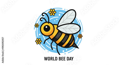 Cute cartoon honey bee illustration for World Bee Day celebration.