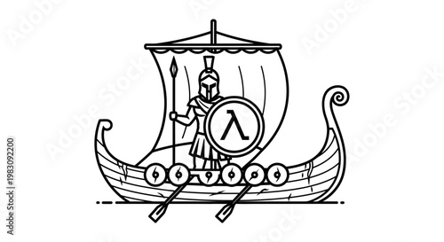 Ancient Greek Warrior on Viking Ship with Lambda Symbol