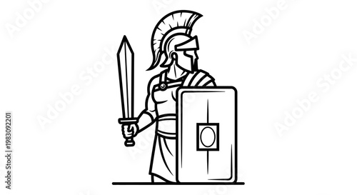 Ancient Roman Soldier Warrior with Sword and Shield - Line Art Illustration