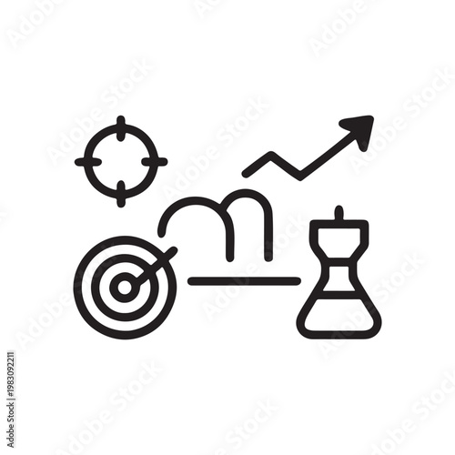 Startup and marketing icons, target, strategy, SEO symbols, minimal black vector