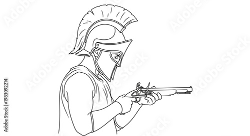 Ancient soldier with helmet holding a flintlock pistol, historical illustration