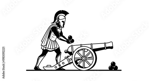 Ancient Roman Soldier Loading Cannon with Cannonballs, Vintage Military Illustration