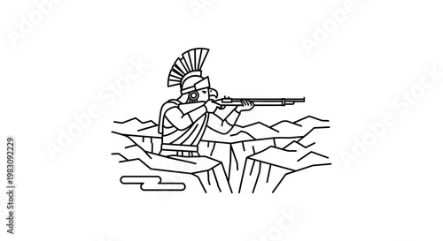 Ancient Warrior Aims Rifle from Mountainous Terrain, Historical Combat Scene