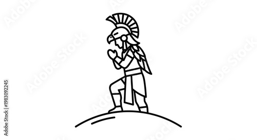Ancient Warrior Eagle Headdress Praying on Hilltop Line Art