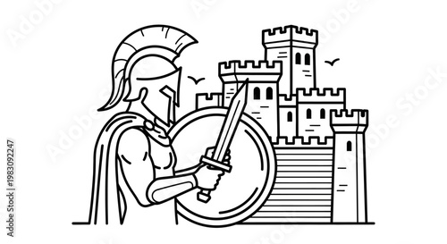 Ancient Warrior with Shield and Sword Before Castle Fortress