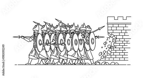 Ancient warriors with shields and spears attacking a crumbling stone wall, historical battle scene