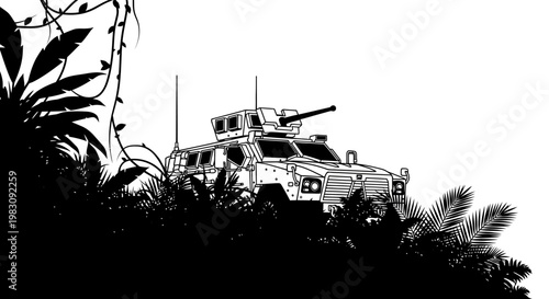 Armored Military Vehicle in Dense Jungle with Overgrown Foliage, Black and White Illustration