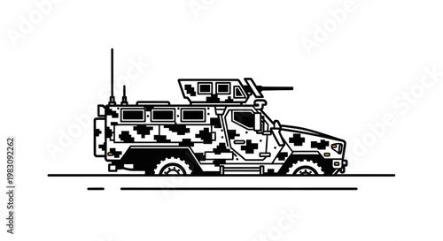 Armored Military Vehicle with Camouflage and Turret - Vector Illustration