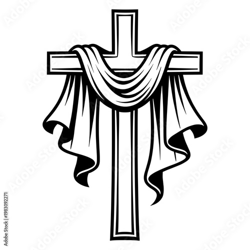 Christian Cross Silhouette With Elegant Fabric Drape, Religious Symbol Of Faith And Resurrection For Easter And Church Celebration, Vector Illustration