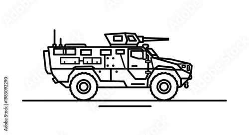 Armored Military Vehicle with Turret - Line Art Illustration