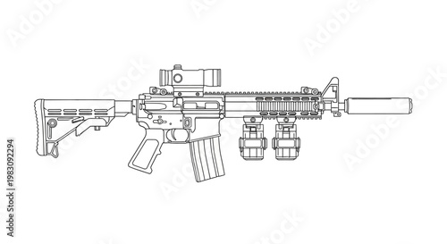 Assault Rifle with Silencer and Scope - Tactical Weapon Illustration