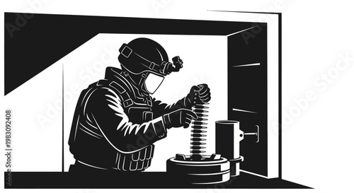 Bomb squad technician disarming explosive device in tactical gear