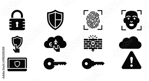 12 Cyber Security icons padlock shield fingerprint face recognition key, outline solid styles, UI and web interface design