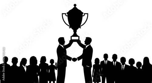 Businessmen shaking hands holding trophy, celebrating victory with cheering crowd silhouette