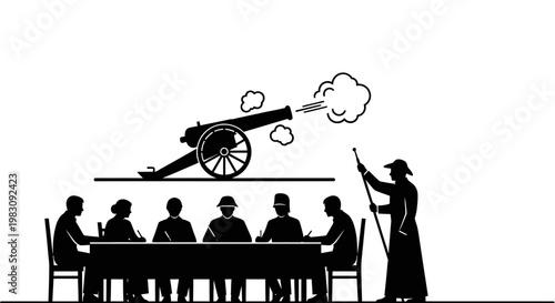 Business meeting under cannon fire, metaphor for high-pressure decisions and risk