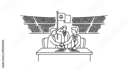 Businessmen shaking hands at a table in front of a stadium crowd, signing a contract