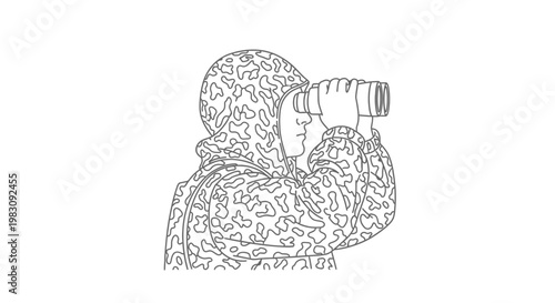 Camouflaged person looking through binoculars, surveillance, scouting, observation