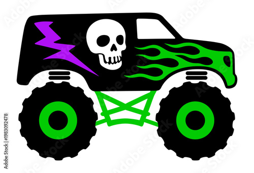 Powerful Monster Truck Silhouette Featuring Green Flames And A Skull Decal, Extreme Off-Road Vehicle With Purple Lightning Bolt, Vector Graphic
