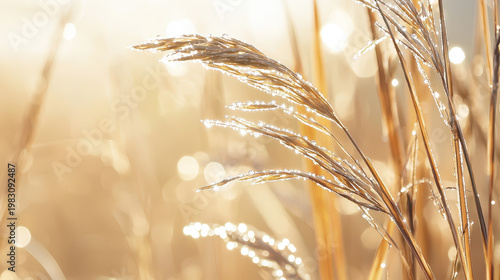 Glistening dew on grass blades captures beauty of nature in soft sunlight, creating serene and tranquil atmosphere