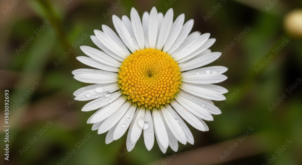 Fototapeta premium Close up of a white daisy with water droplets on petals and a yellow center macro photography