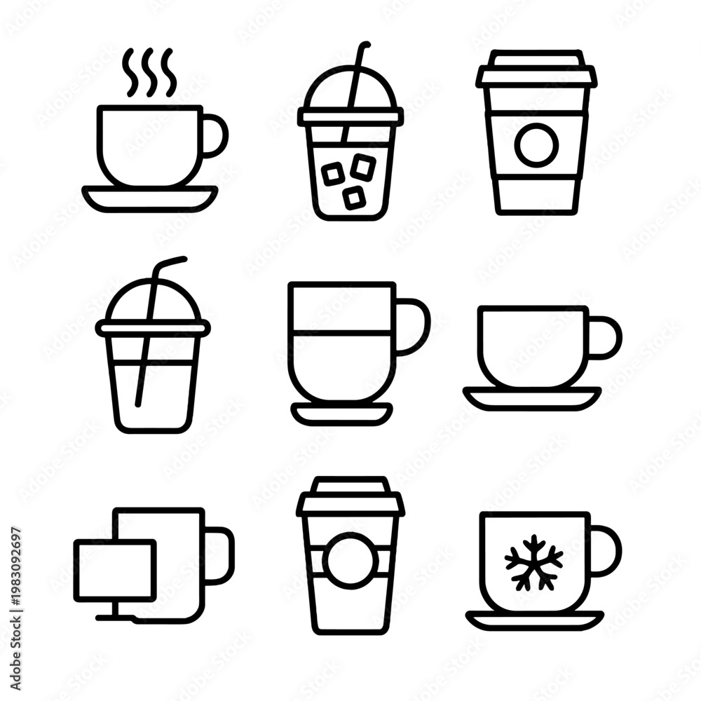 Obraz premium Collection of coffee and beverage line icons with various cup designs