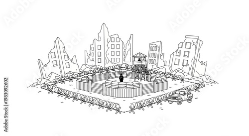 Destroyed Cityscape with Barricades and Soldier Silhouette