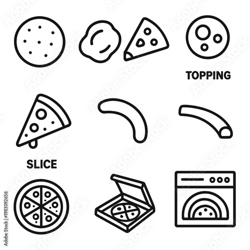 Pizza elements icons collection: slices, toppings, box, oven